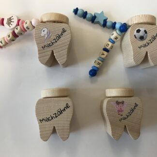 Milchzahndose personalisiert mit neutral, Fussball-, Einhorn- oder Feenmotiv